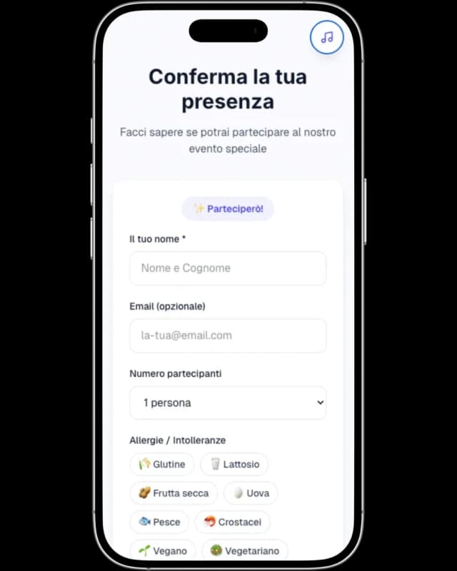 Conferma presenza con selezione allergie