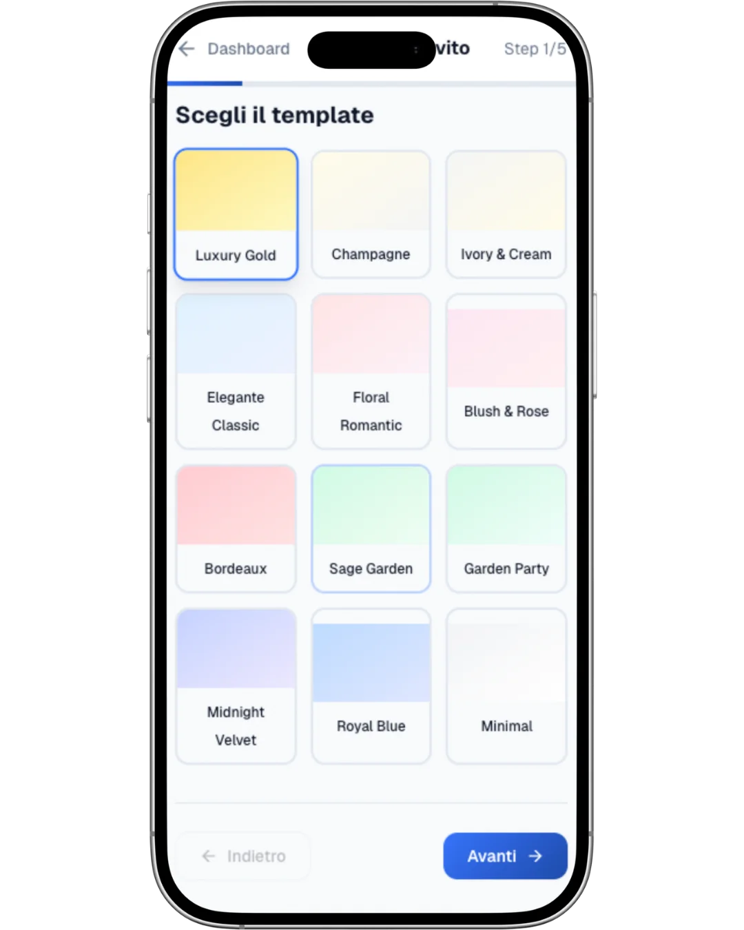 Schermata selezione template dell'invito